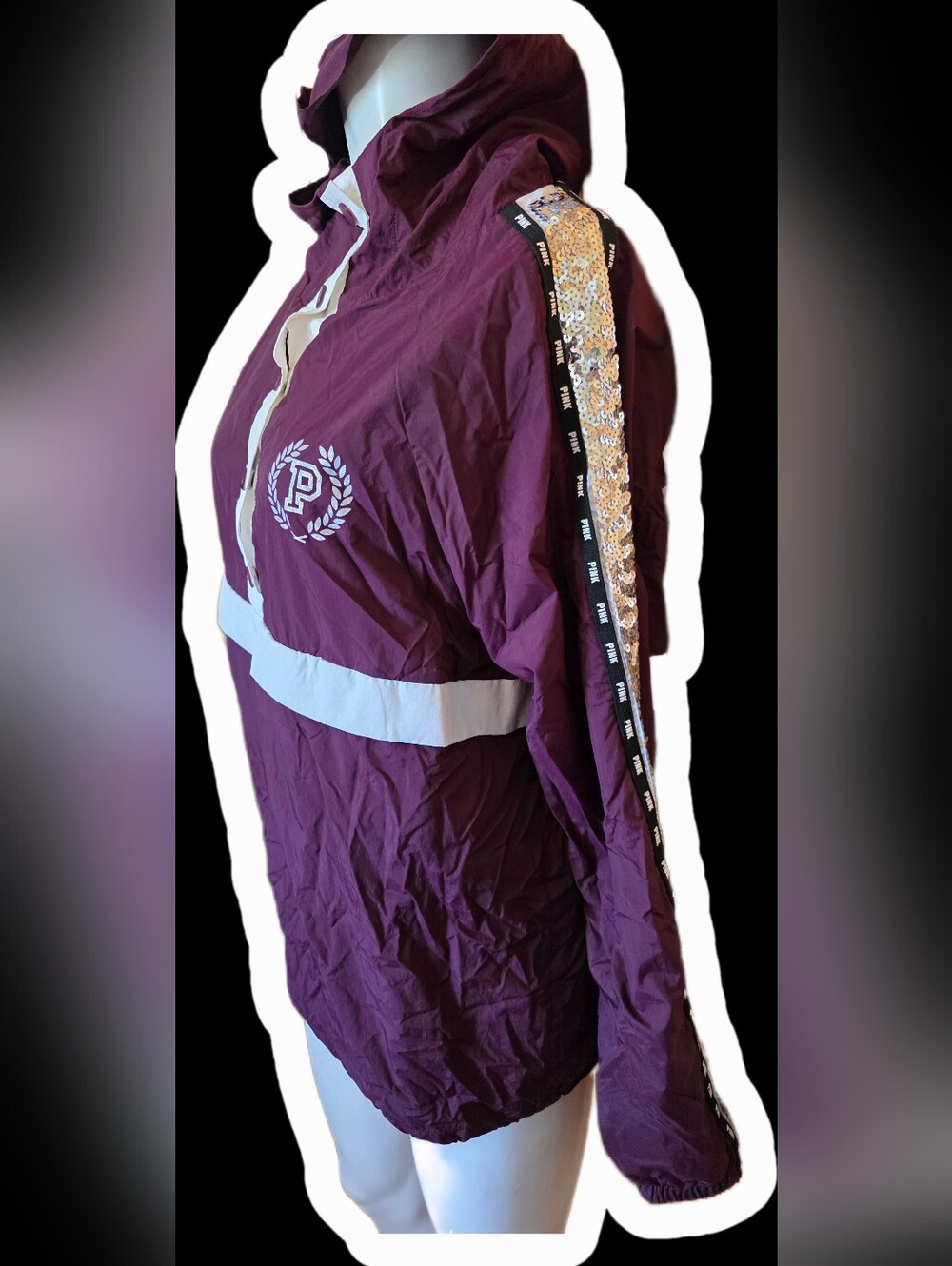 PINK Victoria's Secret Burgundy Hooded Jacket with Sequin Sleeve